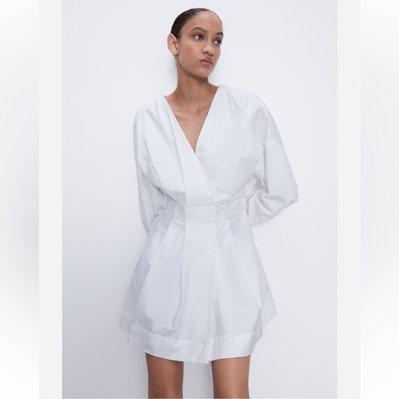 ZARA V-Neck Crossed pleated White mini cotton long sleeve Shirt Dress XS NWT - Picture 5 of 16